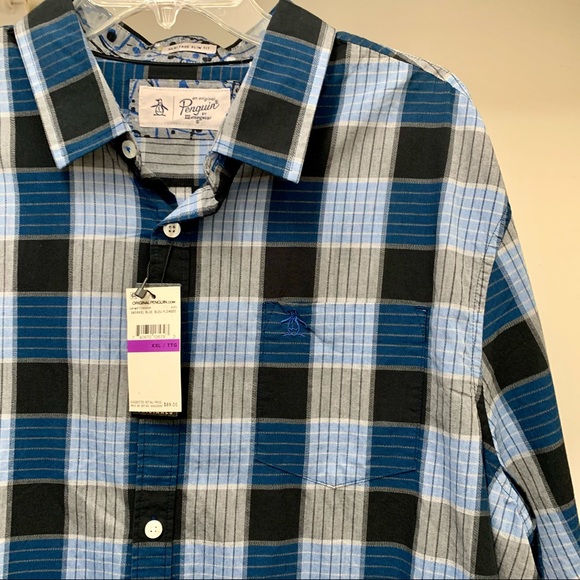 Penguin Plaid Blue Long Sleeve Shirt 55 Slim XXL - Picture 3 of 6